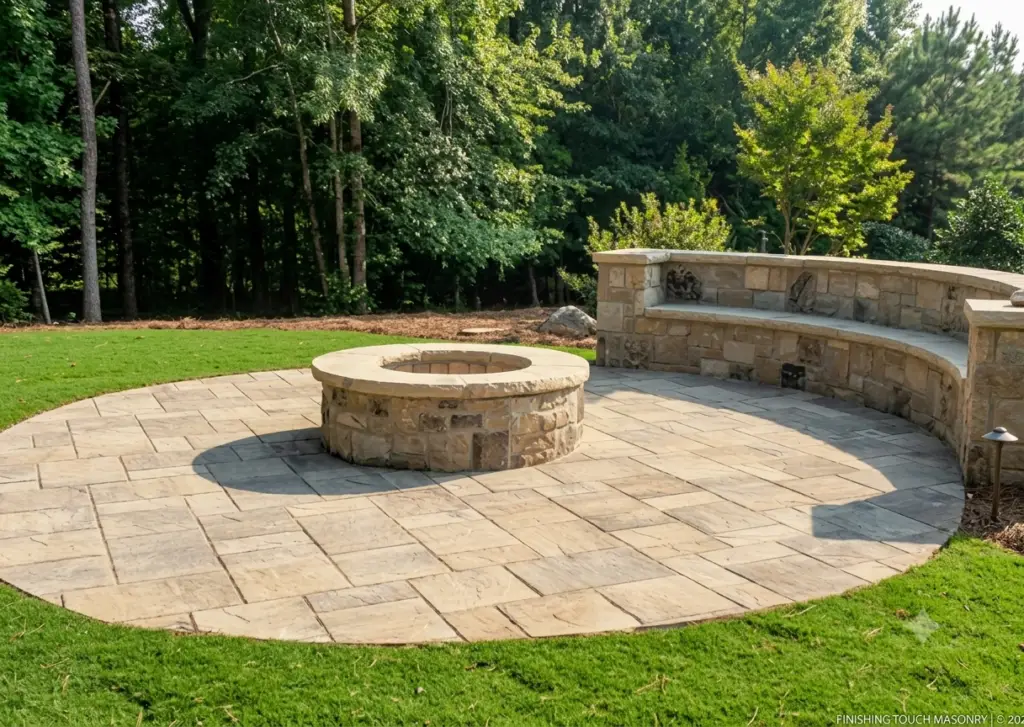 Circular paver patio installation with a matching stacked stone fire pit and curved retaining wall bench, backed by mature trees.
